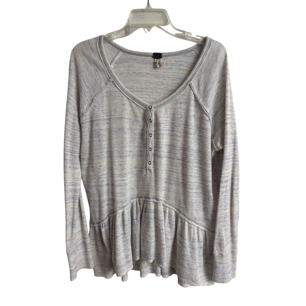 We The Free Free People Blue Cream Waffle Knit Henley Peplum Thermal Top M